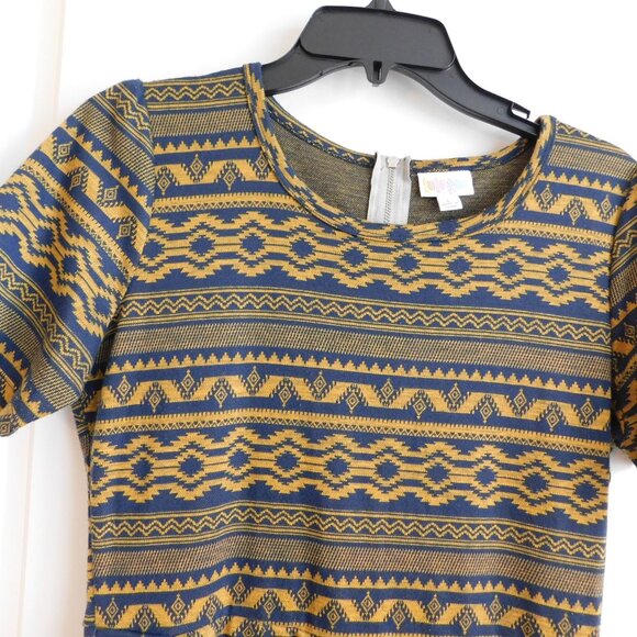 LuLaRoe Large Amelia Chevron Navy/Gold Pleated Dress w/Pockets Zip up back - Picture 2 of 10